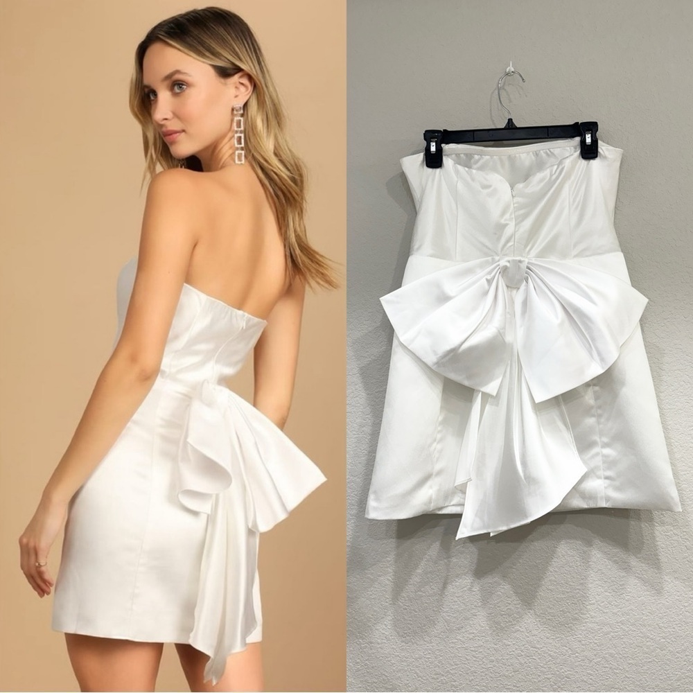 Size L Lulus Soiree Hour White Satin Strapless‎ Bow Mini Dress